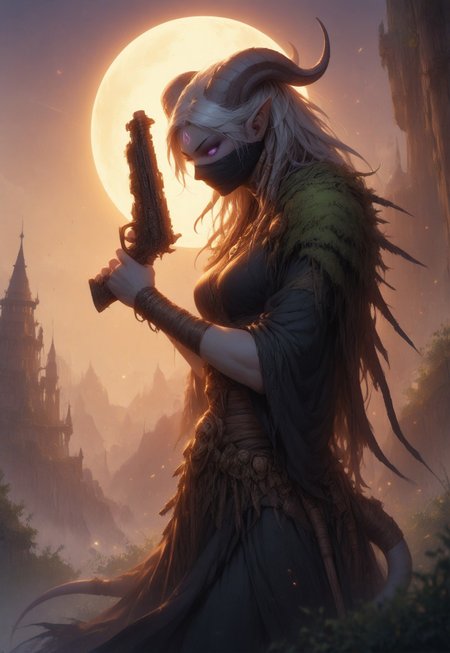 (absurdres, best quality, masterpiece:1.4), score_9, score_8_up, score_7_up, score_6_up, detailed, detailed body, detailed face, world of warcraft, fantasy, 

fFaceDetail, SkinDetail, ((female, draenei, tall, athletic arms, pale white skin, smooth skin, long white hair, purple eyes, no pupil, no sclera, long white tail), (h0rns, ram horns, white horns), 
(long fingers, purple fingernails, purple nail polish)), 

(long loose black dress, simple armlet, black facemask, yellow silk scarf), GunMonk, shotgun, holding shotgun,

full body, side view

outdoor, evening, mountains, sunset