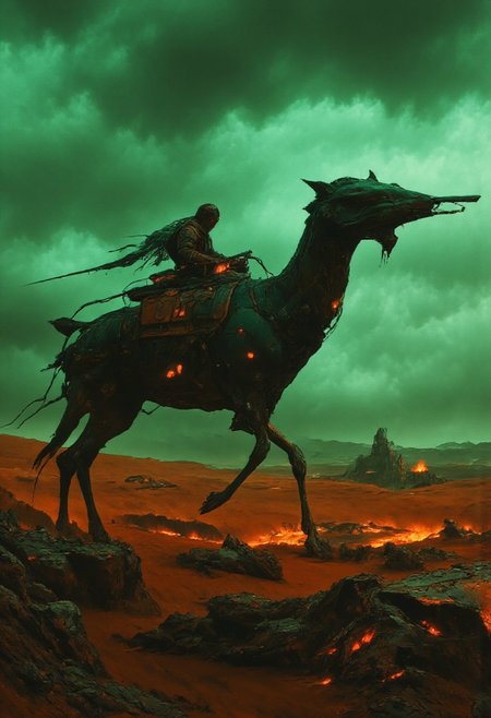 Closeup Portrait, Monochrome with color, the vast expanse of a post-apocalyptic desert stretches to the horizon, the sands glowing faintly in the green light of a dying sun. A colossal mech, shaped like a long-legged giraffe with sleek, alien lines, strides slowly across the dunes. Mounted atop its back is a small observation platform where a lone pilot, a rugged cyborg woman, watches the horizon. Her face is weathered but stunning, her bronze skin glowing faintly with embedded circuitry. Her piercing emerald eyes scan the horizon, augmented with targeting displays. She wears a patchwork scarf that billows in the wind, her hand gripping the controls of a massive railgun mounted on the mech’s side. The mech itself is silent except for the soft hiss of hydraulics, and the only sound is the distant howl of the desert wind. Far in the distance, an ancient ruined city shimmers in the heat, a faint promise of shelter in the endless wasteland.. R3alisticF