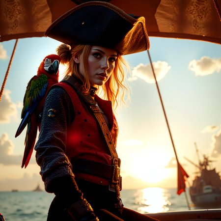 Piratepunk style, Piratepunk style, (notoriousfisherman's hat pirate) lean, light chestnut hair with hairbun, brown eyes, wearing a pirate wearing a pirate hat, red leather vest with polka dots, leather boots, barefoot, shoulder parrot,, set in a pirate ship sailing through calm waters, with billowing sails and a crew of swashbuckling pirates , at sunset. Swashbuckling, adventurous aesthetic with pirate-inspired elements, high-tech machines, and futuristic technology.  <lora:scifi/fluxPiratePunk_v1.safetensors:0.6>,  <lora:scifi/fluxPunk_v1.safetensors:0.8>,  <lora:scifi/RM_Robotify_v0.7M.safetensors:0.8>, Cyborg, Exosuit, Mecharmor, Robot, Mech, Power Armor, Heavy Mech, futuristic, tactical <lora:scifi/Neon_Cyberpunk_Detailer_FLUX_multi_trigger.safetensors:0.8>, mad-cbrpnk-dtlr,.  Swashbuckling, adventurous aesthetic with pirate-inspired elements, high-tech machines, and futuristic technology.âââ