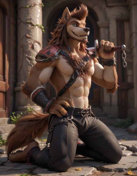 score_9, score_8_up, score_7_up, BREAK (anthro, furry:1.1), depth of field, cinematic lighting, masterpiece, (detailed hands:1.25), best quality, ultra realistic, 4k, 2k, film photography, RAW photo, photorealistic, analog style, subsurface scattering, photorealism, embedding:unaestheticXL_bp5, embedding:zPDXL,(best quality, high quality, 8K:1.5), <lora:add-detail-xl:2.5>, <lora:fix_hands.safetensors:2.0>, <lora:2.5DRealisticV2.safetensors:0.3>, <lora:sinfully_stylish_SDXL.safetensors:0.6>,  <lora:AdvancedEnhancerXLv2.safetensors:1.0>, (hi res), ((masterpiece)), ((best quality)), illustration, <lora:Ricardo_Welkin.safetensors:0.7>, Ricardo Welkin, canid, canine, canis, mammal, wolf, abs, anthro, beard, body hair, green eyes, bottomwear, brown body, brown fur, brown hair, chain, chest hair, clothed, clothing, facial hair, fangs, fur, hair, looking at viewer, male, melee weapon, pants, pecs, solo, sword, teeth, topless, weapon, happy, smile, joy  (side view, full-length portrait, looking aside, hands on hips, post office shadow fog fog, kneeling :1.15)