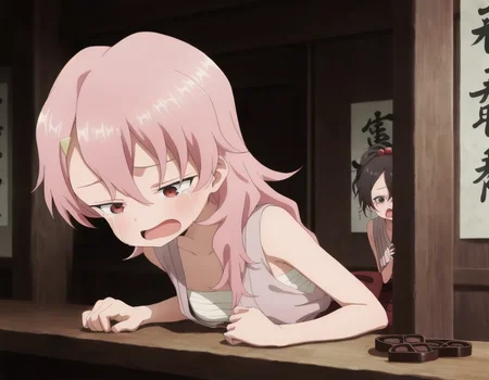 highres, best quality, masterpiece, masterpiece, best quality, amazing quality,1girl, bar, \(sad:1.3\),streaming tears,  \(crying:1.3\), leaning on table, heart-shaped chocolate,screaming, Tsubaki Nakahara, Long black hair, Dark eyes, Traditional Japanese clothing, Kimono sleeves, Modest attire, Simple hairstyle, Dark hair ornaments, Fair skin, Traditional sandals, Neutral expression, benisumomo, long hair, hair ornament, red eyes, pink hair, hairclip, flat chest,