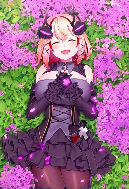 red eyes, medium hair, two-tone hair, headgear, x hair ornament, choker, detached collar, idol, frills, frilled dress, chest harness, elbow gloves, frilled cuffs, corset, brown pantyhose, armored boots, day,nature,flower field,petals,on back,on_side,cowboy_shot,front view,from_above,looking_at_viewer,smile,laughing,light_blush,closed eyes,
