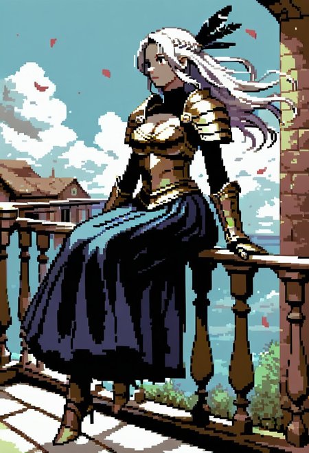 score_9, score_8_up, score_7_up , dramatic light ,  cleavage ,  dramatic angle , uncensored , highly detailed , ((solo)) ,1girl  , floating hair , mature woman , medium breasts  , floating hair , knight , armor , faulds , Black fur coat , pauldrons , armor bare , armored high heels , breast plate , gauntlets , looking forward , braid , armored dress , feathers , hair intakes , half updo , from abov , white hair, intricate , exotic pose , flowing hair , overskirt , sitting on balcony,  falling petals ,  black bodysuit under armor ,  balcony , handrail ,  dove ,  building , courful background , eagle grab armor ,  
(focus woman) ,  detaileye , low light , red eye ,  aesthetic, 2d, pixel,