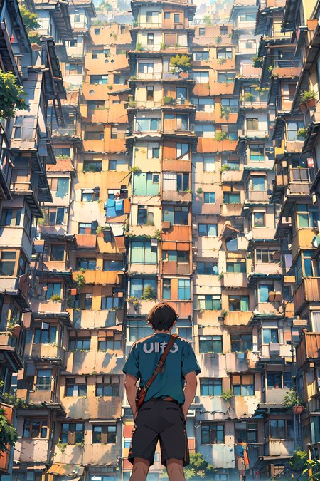 (masterpiece:1.3),(best quality:1.3),highres,vivid colors,ultra-detailed,masterpiece,extremely detailed CG unity 8k wallpaper,scenery,<lora:Detailed_Places_R-128_v1:0.7>,scenery,building,solo,city,1boy,scenery,outdoors,from behind,shirt,cityscape,shorts,standing,tree,