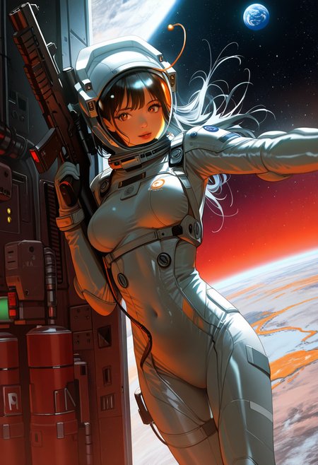 (hypersexualized, erotic, suggestive, intimate, provocative), 1girl, (detailed eyes), (pretty face), (detailed face), photo-realistic, realistic skin, realistic textures, detailed skin, photorealistic, ultrarealistic, 8k, A digital illustration shoot from a side camera angle about a futuristic astronaut in a spacesuit standing in a doorway, looking at the viewer with a confident expression. the image also shows a vibrant, sci-fi scene with a planet in the background and a full moon in the sky. on the middle of the image, a 1woman, who appears to be in her mid-twenties, is standing with her arms stretched out to the sides, wearing a tight, white spacesuit with a helmet and a gun in her hand. she has a slim, athletic build with medium-sized breasts. her hair is styled in a sleek, straight look and her eyes are a striking orange color. she is facing the viewer and looking directly at them. her facial expression is confident and her body is slim. the background features a red, starry sky and a distant planet, with a metallic structure on the left side and a rocky landscape on the right side. the overall color palette is vibrant with a mix of blues, reds, and oranges. 1girl, planet, space, solo, helmet, spacesuit, rating:sensitive, moon, weapon, earth (planet), star (sky), science fiction, gun, breasts, bodysuit, holding, astronaut, holding weapon, long hair, medium breasts, black hair, space helmet, holding gun, score_9, score_8_up, score_7_up
