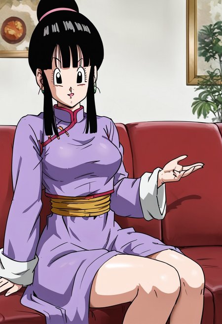 Qiqi from "Dragon Ball", 
sitting on the sofa,
long straight black hair reaching the middle and back, short square bangs, beautiful big black eyes, wearing a silk robe,