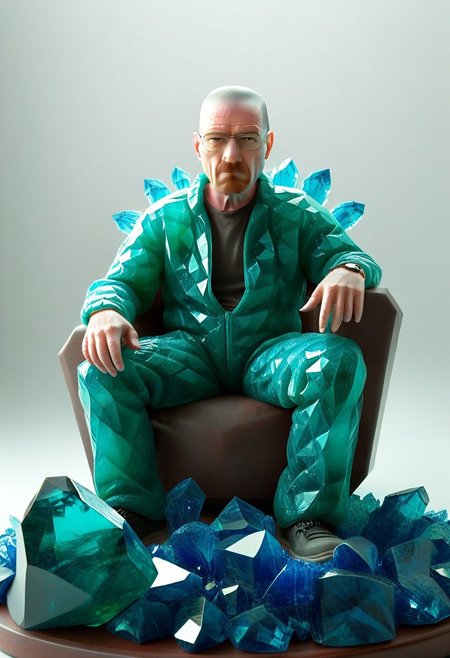 rp_slgd, emeraldmorph, breaking bad style, walter white made of blue crystals, in a make-shift lab with a tray of many small blue emerald chunks in front of him. rp_slgd