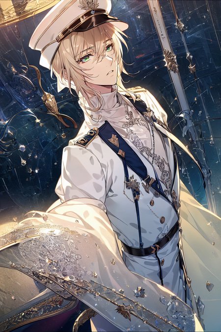 (solo:1.5),(masterpiece:1.5),(best quality:1.5),(bust:1.3),Amazing,beautiful detailed,extremely detailed wallpaper,extremely detailed CG unity 8k wallpaper,extremely delicate and beautiful eyes,1boy, green eyes,white uniform,white army cap,frown,space,