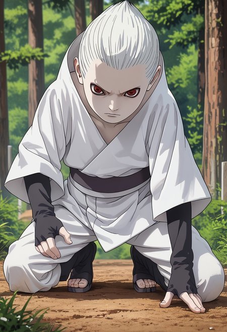 score_9, score_8_up, score_7_up, 1boy, solo, cute boy, Shin Uchiha, Pale Skin, White Hair, White Kimono, Fingerless Glove, Open Toe Footwear, 3 Tomoe Sharingan, Sharingan Eyes,