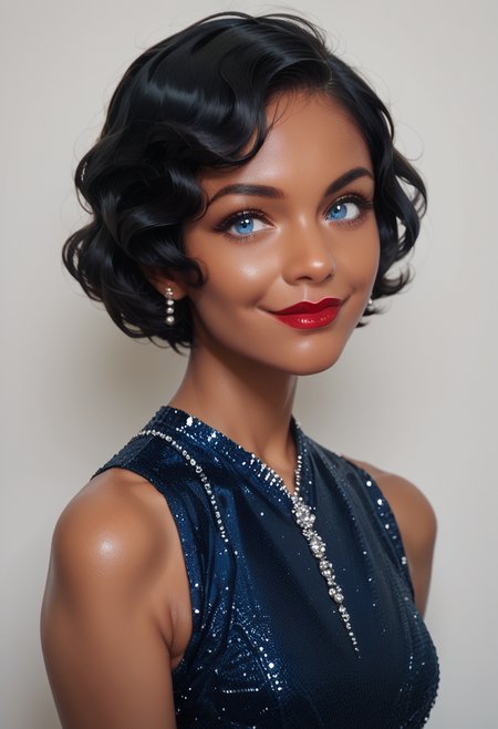 score_9, score_8_up, score_7_up, score_6_up, 1girl, solo, dark skin, lipstick, black hair, blue eyes, hud_fngrw4ves, short hair, dress,  <lora:hud_fngrw4ves_XLP:0.6> , closed mouth, standing, upper body, facing viewer, smile, high heels