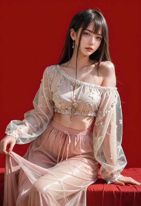 score_9,score_8_up,score_7_up,red background,8k,,ruanyi0701,long skirt,long sleeves,off shoulder,see-through,<lora:0701 Forest Nymph_v2_pony:1>