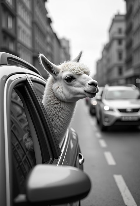 a llama sticking its head out of a car window, seemingly curious about the urban surroundings. The llama’s fur (soft gray-white tones) appears warm and gentle in the monochromatic palette. The car (a shade of gray) blends with the other vehicles, creating a cohesive city backdrop.
 the llama’s gray-white fur (contrasting with the darker gray tones of the background) becomes the focal point, adding a whimsical and humorous touch. ［The buildings and streets］ do not overly interfere with the composition, instead highlighting the uniqueness of this unusual moment，(black-and-white tones), successfully captures an unintentional moment of humor in urban life, showcasing the amusing intersection of nature and city culture.