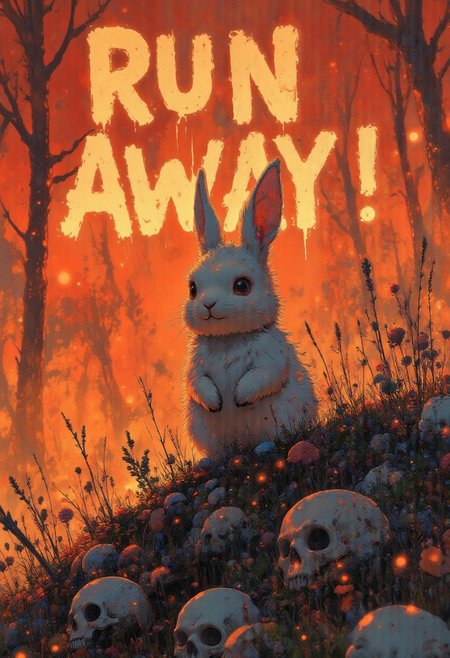 A graphic illustration featuring a white rabbit standing triumphantly atop a pile of skulls and bones, surrounded by fiery hues of red and orange. The word 'RUN AWAY!' is prominently displayed at the top in bold, flaming text, emphasizing a darkly humorous and apocalyptic theme. The background consists of a gradient of red tones, creating an intense and dramatic atmosphere. The illustration is minimalistic yet impactful, focusing on strong contrasts and symbolic imagery.
