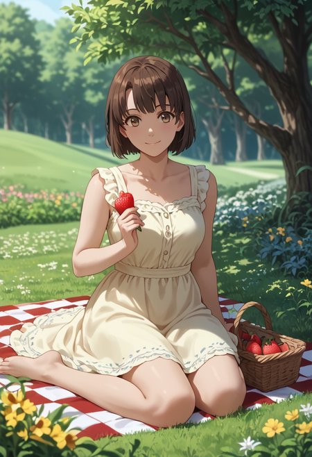 score_9, score_8_up, score_8, score_7_up, source_anime, 
1girl, katou megumi, Megumi <lora:KatoMegumi:1>,brown hair,katou megumi,brown eyes, medium breasts , short hair,   masterpiece, best quality, summer picnic theme, lush green meadow background, wearing a light yellow sundress, sitting on a checkered picnic blanket, surrounded by a basket of fruits, flowers, and an open book, holding a strawberry in one hand, dappled sunlight filtering through tree branches, gentle smile, calm and serene expression, soft wind ruffling her dress and hair, pastel tones, natural lighting, full-body shot, relaxed and cozy atmosphere, depth of field, warm and inviting vibe