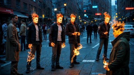 group of <lora:FireHuman:1> FireHuman, yellow and red fire, burning skin, on fire, boys and girls, fire element, composed of fire elements <lora:Fiery_aura_XL_-_Burning_passion:.5> firegirl,burning hair,burning eyes,burning legs,burning arms,burning hands,fire aura, <lora:FaceDeetsPonyXL2:1> realistic, lips, city,, score_9, score_8_up, score_8, score_7_up, score_6_up,   zPDXLxxx, rating_explicit, nsfw, 8k detail, absurdres, highres, (Candid_shot, Candid:1.2)