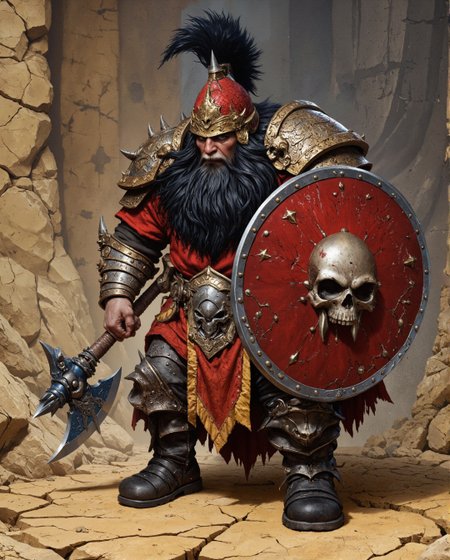 a dwarven warrior with a commanding and menacing appearance, exuding a sense of authority and power. The dwarf is depicted in a stylized, fantasy art style, which emphasizes bold colors, exaggerated features, and intricate detailing.  The dwarf's most striking feature is his towering helmet, which adds to his imposing stature. The helmet is ornate, predominantly red with gold accents, and crowned with a pointed spike at the top. It is adorned with a menacing skull motif at the front, symbolizing death or intimidation. Gold embellishments and sharp geometric patterns further enhance the helmet's regal and fearsome design, suggesting that this dwarf holds a position of leadership or high rank.  His face is framed by a massive, meticulously curled black beard that extends down to his chest. The beard is divided into several thick, cylindrical locks, emphasizing his dwarven heritage and reinforcing the idea of strength and tradition. His expression is fierce, with a scowling mouth and furrowed brow, giving him a look of unyielding determination and aggression.  The dwarf is clad in a red and gold-scaled tunic that resembles dragon scales or overlapping armor plates. This protective garment provides both functionality and a striking visual aesthetic. The scales are detailed with highlights and shadows, adding depth and texture to the design. The gold accents complement the red, creating a rich and vibrant color scheme that signifies wealth, power, and prestige.  In his hands, the dwarf wields a massive double-headed battle axe in his right hand and a round shield in his left. The battle axe is an impressive weapon with blue metallic blades, which contrast sharply with the red and gold of his armor. The axe’s central element features another skull motif, tying it thematically to his helmet and overall appearance. Its design is angular and sharp, emphasizing its lethality and the dwarf’s readiness for battle.  The shield, circular in shape, is primarily red with a bold skull emblem at its center. The outer rim of the shield is reinforced with silver or steel, and rivets are visible, showcasing its craftsmanship and durability. The skull motif on the shield mirrors the one on his helmet, further unifying his appearance and underscoring his fearsome persona.  The dwarf's boots are sturdy and black, designed for rugged terrain and battle. The polished surface of the boots reflects light, contrasting with the cracked, yellow ground beneath him. The ground itself is rendered with jagged cracks, suggesting a desolate or war-torn environment, which further enhances the dramatic tone of the image.  Overall, the composition and detailing of the dwarf emphasize his role as a powerful warrior or warlord. The use of bold colors, intricate designs, and thematic skull motifs combine to create a character that is both visually striking and deeply rooted in fantasy tradition. The dwarf's expression, armor, and weaponry suggest he is prepared for battle and commands respect and fear from his foes. The artwork effectively conveys a sense of might, tradition, and unwavering determination, characteristic of classic fantasy dwarves.