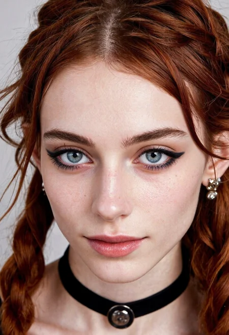 Avant-garde closeup photography depicting young skinny german woman, 20yo, with mesmerizing blue wide-set eyes and narrow lips with a happy smirk. She has tousled red braided hair and e-girl makeup featuring shades of black and stylish eyeshadow with lipstick, further accessorized by ear cuff earrings and a choker necklace. Set on an infinite brutalist stairwell structure, on a dark clear summer midnight. With natural split lighting, cinematic, bokeh, grimdark beauty, grimdark beauty   <lora:flux_skinny_slider> <lora:flux_SkinDetails_v8> <lora:flux_UltraRealPhoto> <lora:flux_SameFace_Fix>