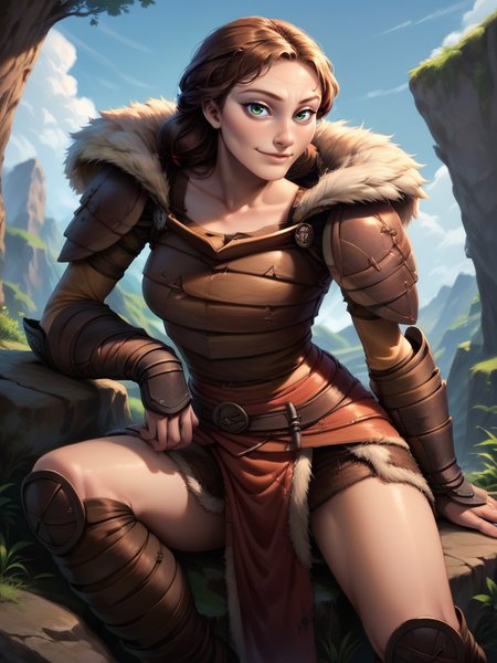 score_9, score_8_up, score_7_up, 1girl, dynamic pose, cowboy shot, looking at viewer, sexy pose, sexually suggestive, naughty face, dutch angle, valley, vegetation, arm rest, sitting on rock, 
 <lora:AValka_character:0.8>, ValkaXL, brown hair, green eyes, armor, shoulder armor, pauldrons, fur trim, gauntlets, cartoon, <lora:Realistic_2.5DAnime_Merge1:0.6>,