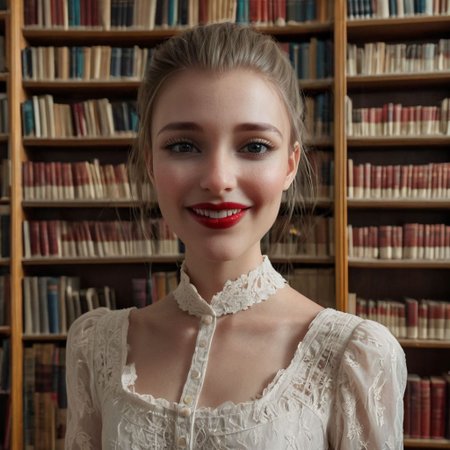 1girl, solo, standing in a library, wearing a colorfull summer dress, looking at the viewer, smiling, red lipstick, intricated details on background, very detailled bookshelf, The entire scene is captured in high resolution, allowing one to discern each detail with precision. Every reflection, every shadow is rendered with exceptional clarity,