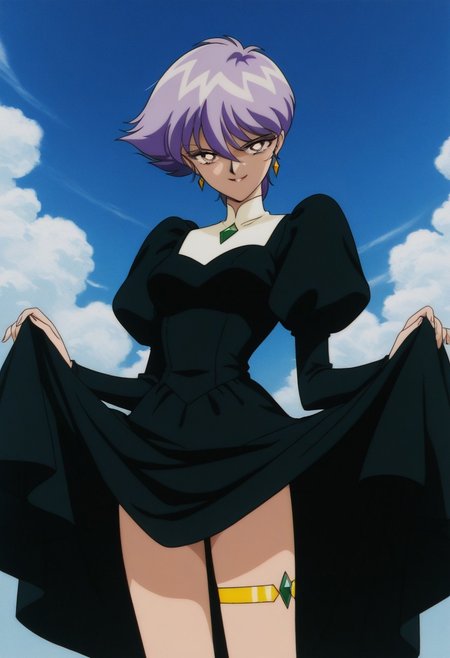 masterpiece, best quality, source_anime,official art,perfect_anatomy,1990s_\(style\),retro_artstyle,seira hazuki,1girl,purple hair,short hair,earrings,black dress,juliet sleeves,puffy sleeves,long sleeves,(beautiful detailed face,looking_at_viewer,evil_smile),cowboy shot,(Pull_up_skirt_byself,jewel,bare_thighs,thigh strap:1.1),close to viewer,day,blue_sky,cloud,