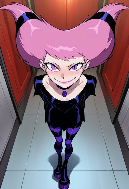masterpiece, best quality,
 <lora:Zunta:1> Z0nt4,  1girl, jinx \(dc\), pink hair, purple eyes,, big hair, choker pink eyes, slit pupils, blush stickers, black dress, chest jewel, smile, striped pantyhose, platform footwear, colored skin, small breasts, naughty face, pink lipstick, clothed, smiling ,grinning, looking at viewer, breast focus
