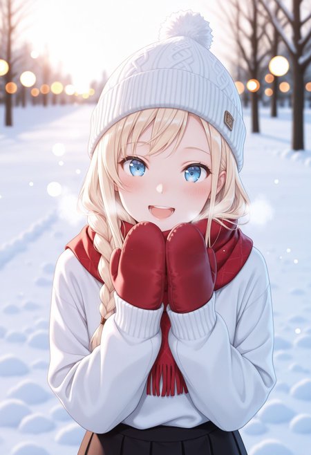 masterpiece,best quality,absurdres,highres,very aesthetic,high quality,detailed,insanely detailed,beautiful,perfect lighting, ,depth of field,blurry background,bokeh, 
 <lora:Wilhema  illu:1> 1girl, blonde hair, long hair, blue eyes, single braid, 
winter, snowfield, sweater, long skirt, outdoors, scarf, winter, smile, blush, upper body, abstract background, beanie, portrait, alternate costume, white background, looking at viewer, smile, mittens, blush, scarf, heavy breathing, open mouth, hat, winter clothes, pom pom \(clothes\)