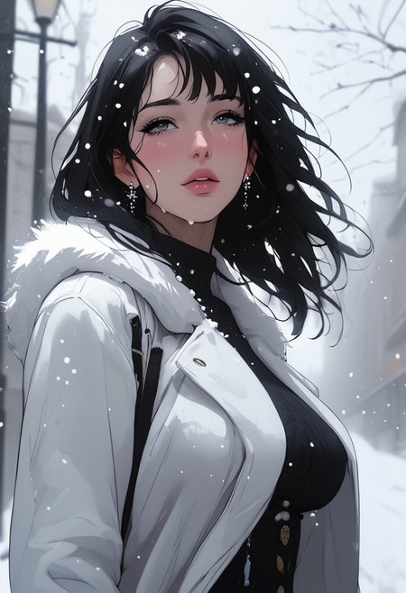 masterpiece, best quality, highly detailed, ultra-realistic, score_9, score_8_up, score_7_up, score_6_up, source_cartoon,  
BREAK  
1MILF, 35yo, curvy waist, large breasts, pale skin, long black hair, wearing a white fur coat, standing in snow, looking up at sky, expression of wonder, snowflakes on skin, cold breath visible, dark clouds, streetlights glowing, faint scent of winter.  
BREAK  
snow falling, hair slightly covered in snow, coat slightly open, motion_lines:1.5, motion_blur:1.5.  
BREAK  
atmospheric, emotional, raw sensuality, dynamic light, cold_light, soft focus, depth of field, cinematic composition