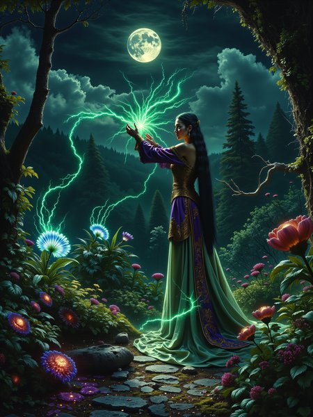 magical atmosphere, nature focus, dim lighting, highly detailed masterwork painting portraying a beautiful witch, sfumato, golden ratio, a serene nighttime scene of a gorgeous nature witch casting a spectacular teal and gold-colored spell over a flower bed in her magical garden, she stands gracefully on a narrow cobblestone path in her lush herb garden, her captivating eyes focused on the spell, while her long, silky black hair flows softly in the night breeze, she wears a flowing, intricately detailed ornate robe in shades of deep purple and anthrazit grey, embroidered with floral motifs and a leather pouch filled with herbs at her side, her hands raised, tendrils of glowing green magic unfurling from her fingertips, illuminating the plants around her with a mystical light, the distant moon, partially obscured by dramatic clouds, is casting dappled moonlight across the land, the mood is peaceful and enchanting, the scene exuding a quiet sense of wonder, the herb garden is filled with fantastical plants, some bioluminescent, others with surreal shapes, a nearby plant features glowing blue flowers with petals resembling spiraled seashells, casting an ethereal light, another plant has long, twisting leaves that sway gently in response to the witchâs magic, their edges faintly glowing purple, further back, a cluster of bulbous plants with translucent crimson roots pulse faintly, as if alive, contributing to the magical ambiance, the sky above is dramatic, with clouds drifting lazily, half obscuring the full moon, which bathes the garden in soft, silver dappled moonlight, casting gentle shadows and adding depth, the interplay of light and shadow enhances the dreamlike quality of the moment, the witchâs face is serene, reflecting her deep connection to nature, the plants around her vibrant and alive in response to her magical spell, the perspective is intimate, as though the viewer is standing just a few feet away, watching the witch in her natural element, her garden framed by the deep shadows of the night, the foreground is rich in detail, with vibrant plants, the shimmering light of the magic, and the texture of earth and moss beneath her feet, the painting captures the warmth of the scene despite the cool night air, with subtle golden hues blending with the deep greens and purples of the garden, the background features shadowy trees and vines, fading into the dark, mysterious forest beyond, the overall color palette is rich and dark, dominated by deep greens, soft blues, purples, and silver moonlight accentuating the magic and lush garden, the oil painting technique adds depth and texture, with soft, layered brushstrokes giving a sense of movement and life to the garden, detailed perfect hands, detailed background, dark corners, hkmagic, style of gil elvgren, <lora:style-gil_elvgren-flux-by_tangbohu:0.72> <lora:style-wizards_and_witches-v2-flux-by_hailoknight:0.68> <lora:epic_gorgeous_details-balance-flux-by_flyway:0.48> <lora:image_enhancer-flux-by_dever:0.64>
