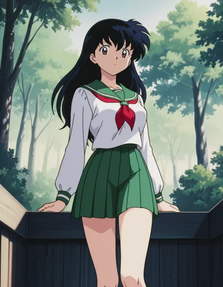 official style,Higurshi kagome (2000s anime analog),retro artstyle,black hair,long hair,bangs,brown eyes,school uniform,serafuku,green sailor collar,red neckerchief,white shirt,green pleated skirt,1girl,(dark matter:-1),(moster:-1),
looking at viewer,
medium large breasts,
perky breasts,explicit,hair between eyes,(bold:3.12),thick outline,black outline,harsh lines,soft lines,deluster,boldline,curvy,slim,(hat:-1),
expressionless,
(anime screencap),(anime coloring:1.2),anime screenshot, animated painting, animated gif,2d cel anime,anime cap,anime,anime style,anime cel,Cel shading,cel shaded,soft brightness,perfect face,perfect nose, perfect hair, perfect eyes,perfect female body,perfect skin,a face of perfect proportion,perfect lighting,perfect anatomy,perfect proportion,perfect hands,perfect legs,perfect fingers,masterpiece,super fine illustration,best quality,very aesthetic,absurdres,16k,intricate detail,amazing quality,detailed linework,vibrant colors,kawaii,flat color,sky,forest,wooden well,day,
 <lora:ç¬å¤åæ¥æ®ããã2000å¹´ä»£ã¢ãã¡ã¢ãã­ã°ä½ç»é¢¨illustriousInuyashaHigurashi_Kagome2000s_anime_analog_painting_Styleillustrious:1:0.8>