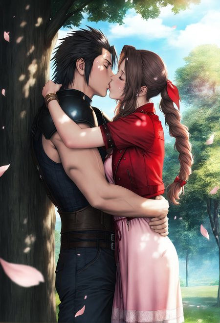 masterpiece,best quality,amazing quality,absurdres,Jeneral Style,anime screencap,realistic,
<lora:Jeneral Style-IL V1:1>,ultra detailed,very aesthetic,
1girl,perfect face,perfect anatomy,
outdoors,day,final_fantasy,zack fair,final fantasy,1boy,aerith gainsborough,hug,kiss,closed eyes,under tree,falling petals,