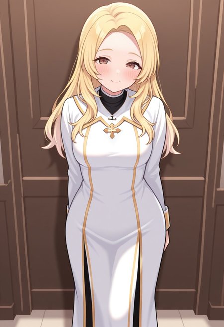 masterpiece, best quality, 32k, high resolution, absurdres, cleric, 1girl, solo, looking at viewer, dress, long hair, smile, blush, blonde hair, standing, long sleeves
