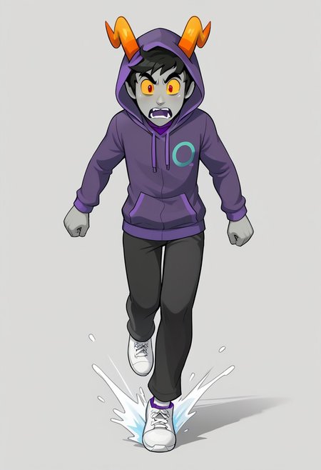 grey skin, 1boy, male focus, yellow sclera, black hair, horns, yellow sclera, solo, hood, hoodie, full body, pants, simple background, jacket, troll, nubhorns, purple shirt, scared, running, arms out,
BREAK,
three-quarter view,
BREAK,