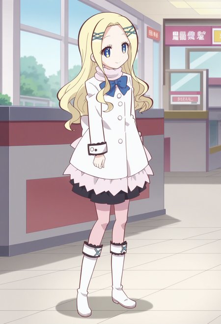 score_9, score_8_up, score_7_up, score_6_up, score_5_up, score_4_up , anime coloring ,BREAK source_anime, anime,screencap,
1girl, solo, gjbu geraldine, long hair, hair ornament, white coat, black skirt, white boots, pink pantyhose, <lora:PonyXL GJBU Geraldine V1:1>
indoors, mall,
smile, looking at viewer,