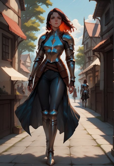 Alana, Knight, focused expression, detailed outfit, leather armor, walking down road, fantasy background,