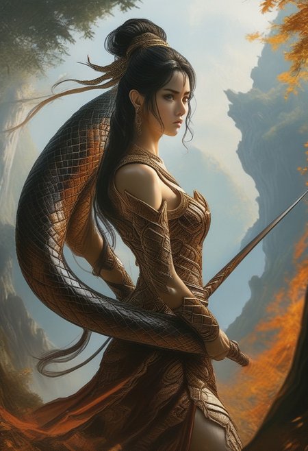 elfian princess fight against Thai NAGA (giant serpent), in beautiful forest, 8k  action shot, elfian princess in short armor, long legs,, with long spear,fighting, fantasy, gigantic Thai NAGA (giant serpent), bosstyle,