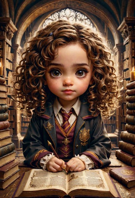 Hogwarts yearbook Portrait of adorable Chibi baby Hermione Granger by Awwchang and CGSociety and Carne Griffiths and James Christensen, dark brown eyes, curly hair,  griffendor uniform, intricate motiffs, intricate filigree, hogwarts library background, Lou Xaz