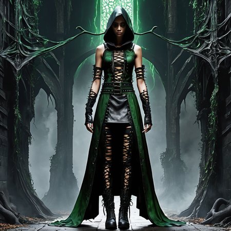 ((best quality)), ((masterpiece)), ((realistic,digital art)), (hyper detailed),DonMD34thM4g1cXL, magical,eerie, upper body clothing,  Plasma-laced Textile, , Spray Foam Insulation, Spaghetti Straps, High-Low Hemline, Natural Waist,  Ripped or Distressed Look,Beaded Accents,,Utility Loops,,Lace-Up Back,,Belt Loops,  , lower body clothing, Graphene Leather, ,  Tunic Length, Natural Waist,  Adjustable Waist,,Slit Details,,Cross-Back,,Studs,,Side pockets,,Cutout Details  , <lora:DonMD34thM4g1cXL_v3.0-000015:0.85>