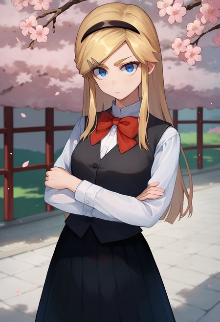 score_9, score_8_up, score_7_up, 1girl,  Kojikira, blonde hair, long hair, blue eyes, hairband, hairpin,  red bowtie, black vest, white shirt, black skirt,  crossed arms, looking at viewer, cherry blossoms,    <lora:Akira-000008:1>