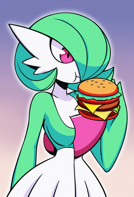 masterpiece, best quality, <lora:age_slider_v4:4>,detailed_background,indoors,game freak,white skin,bob cut,dress,white dress,colored skin,gradient background,eating,pokemon,green hair,pokemon \(creature\),gen 3 pokemon,gardevoir,multicolored skin,food in mouth,burger,nintendo,two-tone skin,food,creatures \(company\),ricofurlow,pink eyes,green skin,hair over one eye