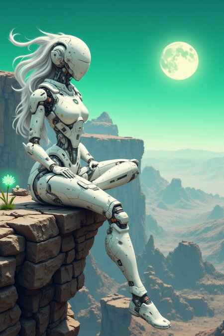 VintageSketch style, YFG-Zaat, An android woman with flowing silver hair and a porcelain mask sits cross-legged on the edge of a cliff, overlooking a desolate alien planet.  Her minimalist white attire, accented with glowing silver circuitry, blends seamlessly with the landscape.  The binary sunset, a harmonious blend of emerald green and sapphire blue, bathes the scene in a soft, ethereal light.  A single, bioluminescent flower grows at her feet, a vibrant splash of color against the barren landscape.  Her posture suggests a deep connection to both the artificial and natural worlds, a silent guardian meditating on the delicate balance between them.