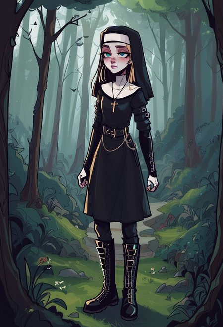 score_9, score_8_up, score_7_up, score_6_up, KWNTN, MSMLN, 1girl, solo, a beautiful, young warrior nun, wearing black tunic with black leather kevlar armor, black leather tight pants, army boots, a cowl
leaning on castle rampart at night, looking wistfully at a distant forest. cinematic camera angle.