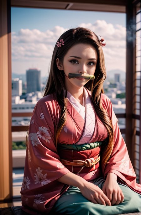 cinematic photo of highres,sidelight,22yo,
1girl,<lora:Nezuko_XL_0_-000005:1>,kamado nezuko,(gaged:1.1),(bit gag:1.1),blurry background,cityscape,kimono,sitting on the operating table,in the hospital,, 35mm photograph, film, bokeh, professional, 4k, highly detailed