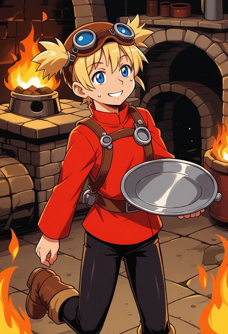 score_9, score_7_up, source_anime, BREAK solo, <lora:Pratty_XL:1> Pratty, blue eyes, short hair, light blonde, short twintails, hair through headwear, goggles, brown headwear, red shirt, short over long sleeves, black long sleeves, red skirt, black pantyhose, leather breastplate, brown footwear, smile, sweat, smith, furnace, smithing, crafting, fire, river, mill