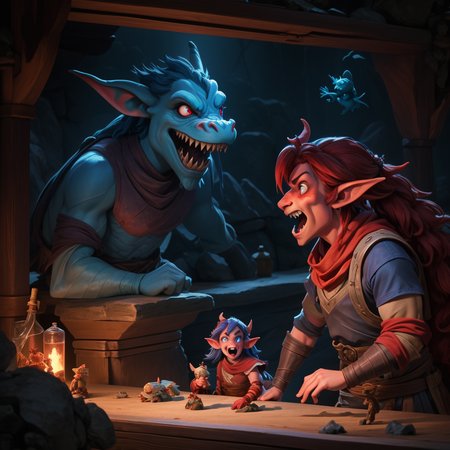 High resolution AK Fujifilm photograph professionally staged and lit <lora:Fantasy_ClassesXL:1> <lora:Fantasy:0.8> <lora:Fantasy_Races_XL:1> a large red tiefling yelling at a timid blue dragonborn  as a goblin makes faces at a firbolg, water genasi is dancing with a halfling, as a shifter attends the counter in the tavern
