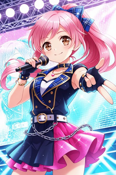 <lora:Grimoirerefrain:1>, Grimoirerefrain, 1girl, gloves, solo, pink hair, fingerless gloves, jewelry, long hair, ponytail, smile, microphone, brown eyes, skirt, bow, belt, hair bow, looking at viewer, chain, necklace, idol, collar, bracelet
