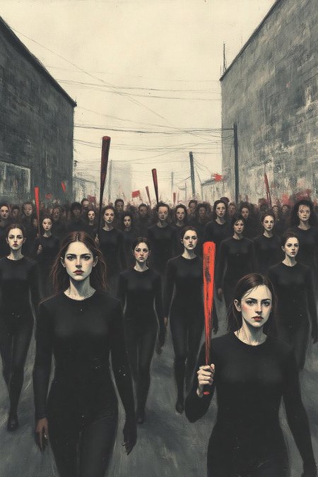 apoca1 illustration. a group of women marching,  holding baseball bats. The background is a dark gray brick wall, and the sky is a light gray <lora:apocalypse_now4_nocap_d4a2:1.0><lora:803189323068452567:0>