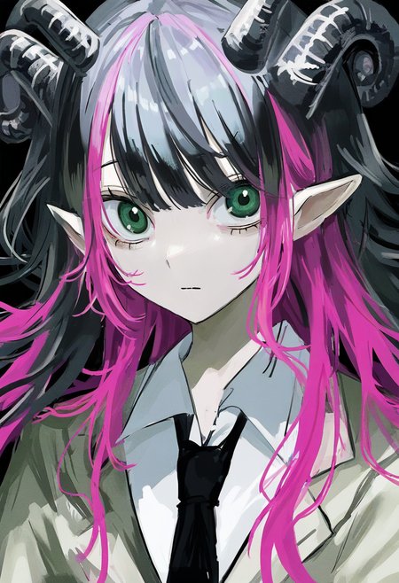 solo, shirt, horns, 1girl, multicolored hair, black hair, white shirt, collared shirt, looking at viewer, necktie, pink hair, black background, closed mouth, black necktie, upper body, bangs, green eyes, colored inner hair, simple background, jacket <lora:shiunXL_NB11_lokr_V6311P:0.95>