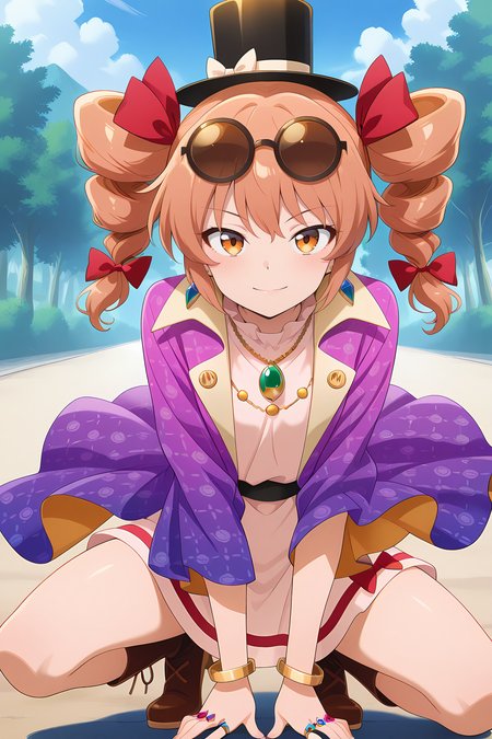 absurdres, highres, masterpiece, best quality, amazing quality, official anime artwork, screencap, anime screencap, outdoors, light smile, looking at viewer, dynamic pose,  
 <lora:Joon-Yorigami-Illustrious:1> yorigami jo'on, 1girl, solo, orange eyes, orange hair, drill hair, twin drills,, black hat, eyewear on head, hair bow, red bow, jewelry, white dress, purple jacket, necklace,
