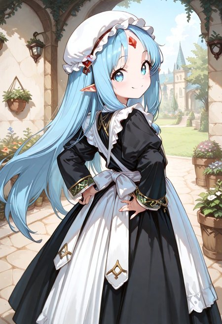 masterpiece, best quality, good quality, very awa, very aesthetic, absurdres, newest, high resolution,high quality,detailed,cute details, gr4ph1t3, beautiful eyes, perfect eyes, detailed eyes, 1girl, solo, reset_kalar_il ,pointy ears,blue hair,long hair,red gem forehead, (maid dress:1.4), full sleeves, classic Victorian style, (black dress:1.4), white maid apron, maid mob cap, looking at viewer, very cute, hands behind, hands touching hips, looking back at viewer, blush, happy smile, from behind, outdoors, garden, beautiful day