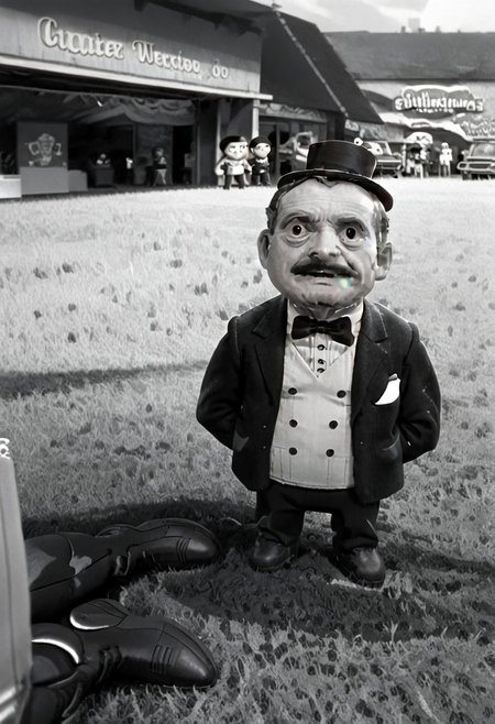 (((black and white, monochrome, greyscale))),((GRASS,OUTDOORS,BOOTS,BLACK FOOTWEAR,PANTS,LOOKING UP,LOOKING FROM BELOW, small man with mustache, top hat, kenbis, chibi, chibi, male only, male, male chibi, monocle, art deco, thick mustache, comically large mustache, handlebar mustache, tiny, shrunk, microxl, some little guys)), bwMovies, realistic, photo, vintage photo, ((very small man, small man, a small man, a man who is small, a small man)) suit, cane, an unapologetically small human male, black and white, smiling, very happy, euphoric, ecstatic, wonderful small men, large smile, huge smile, muscular, muscles, indoors, cinema, movie theater, detailed background